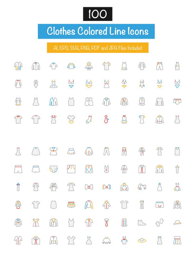 100种服装图标 100 Clothes Colored Line Icons