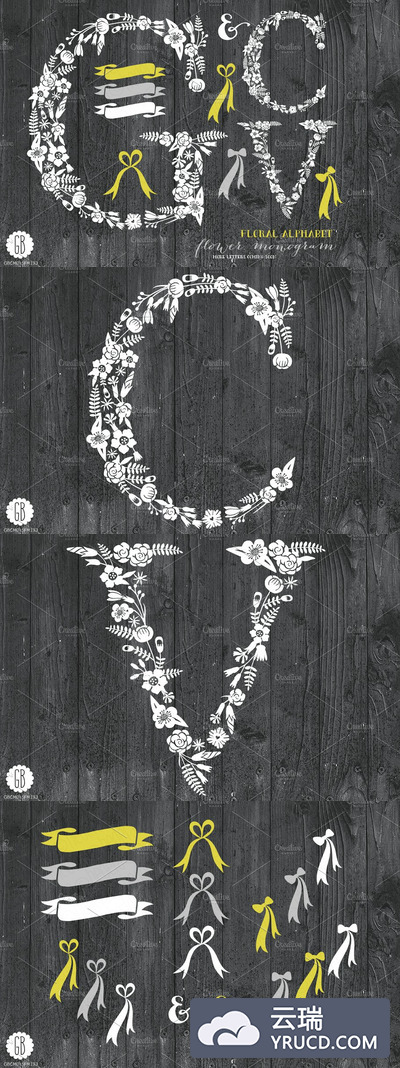 花卉字母图形 Floral letters, rustic, white GCV