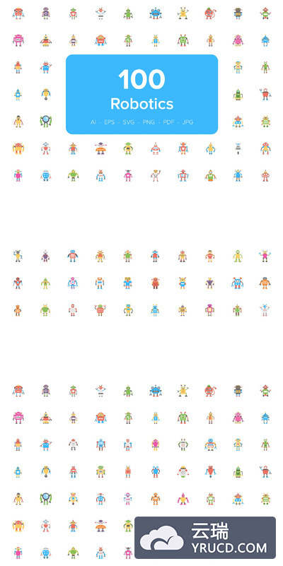 100种扁平化的机器人图标 100 Robotics Flat Icons