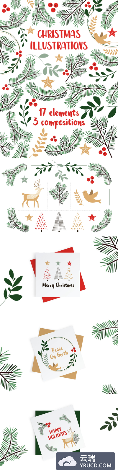 时尚简约清新优雅高端圣诞节新年插图海报banner设计元素集合