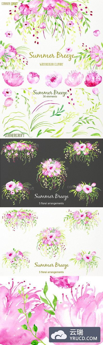 水彩夏季微风花卉素材 Watercolor Clipart Summer Breeze