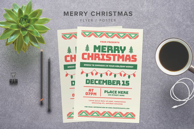 时尚简约扁平化风格的新年圣诞节海报宣传单DM设计模板