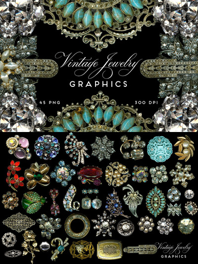 珠宝 | 45个复古宝石饰品钻石金银花丝珍珠等装饰设计PNG透明元素