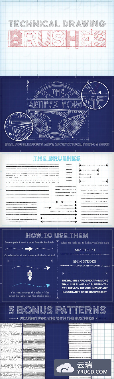时尚高端手绘草图质感的技术绘图AI笔刷集合