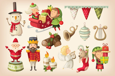 五颜六色的高品质时尚清新可爱的矢量圣诞节细新年元素集合
