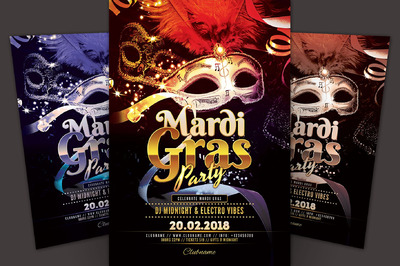 狂欢节面具化妆舞会派传单海报模板 Mardi Gras Party Flyer Template