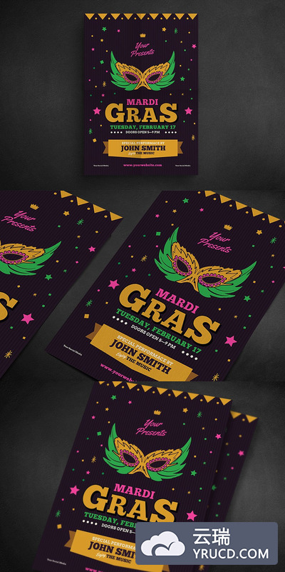 狂欢节面具化妆舞会活动海报传单模板 Mardi Gras Event flyer