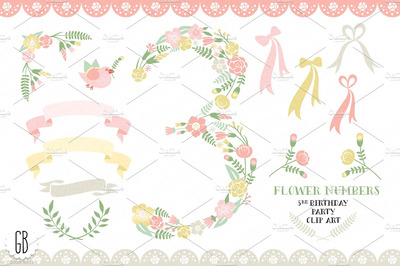 花卉字母数字 Floral number, 3rd birthday clip art