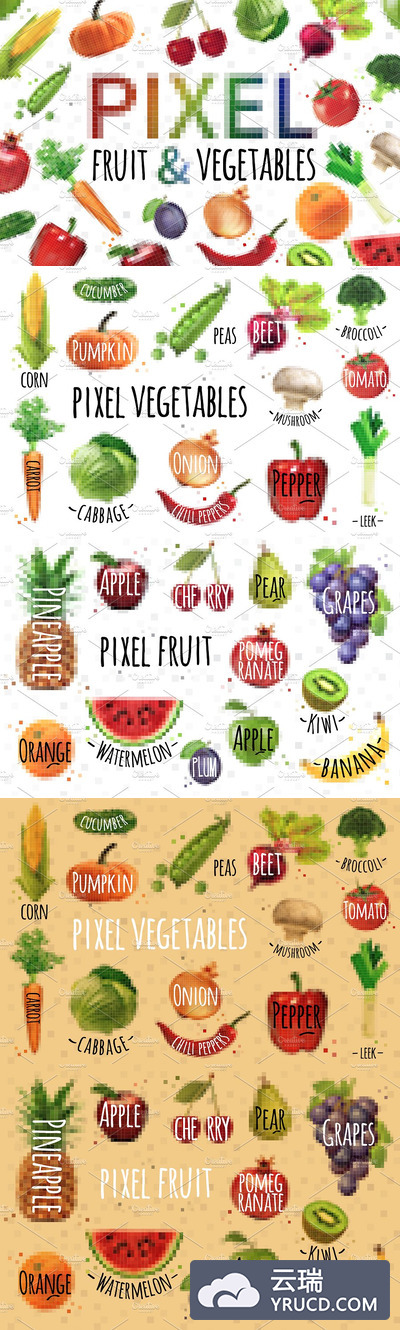 像素水果和蔬菜图形 Pixel Fruit & Vegetables