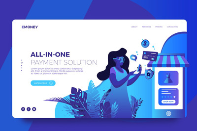 时尚简约扁平化风格的数字货币手机支付banner海报着陆页设计模板矢量图