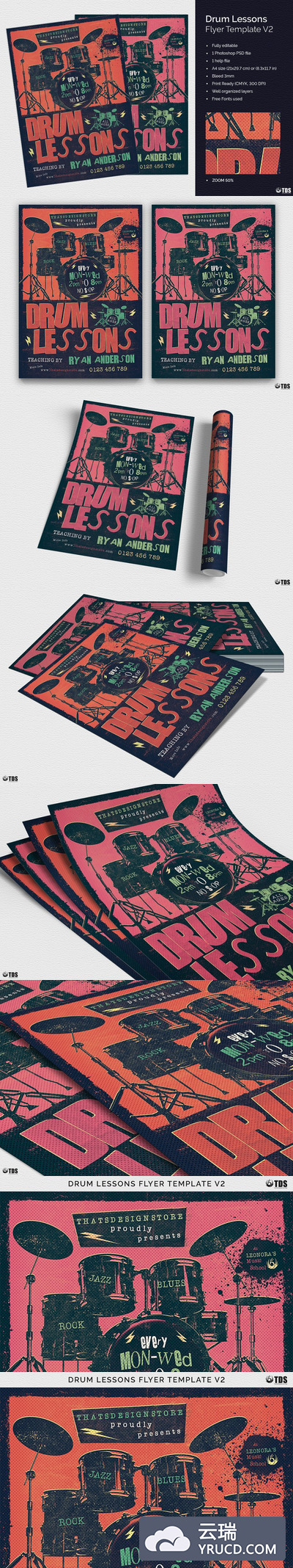 击鼓课程海报模板 Drum Lessons Flyer PSD V2