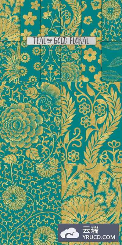 深青色和金花背景纹理素材 Teal and Gold Flower Backgrounds