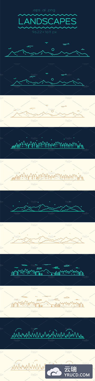 简约的山和冷杉森林景观图形 Mountains and fir forest landscapes