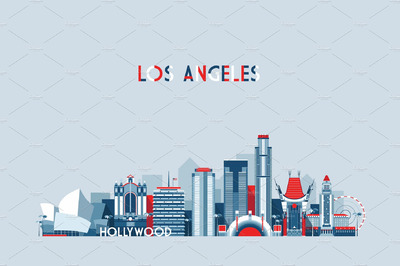 洛杉矶天际线效果插画素材 Los Angeles skyline, USA