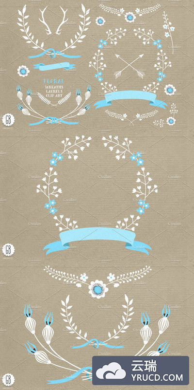 蓝色花卉桂冠丝带 Floral wreaths laurels ribbons blue
