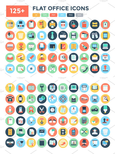 125+个扁平化的办公室矢量图标 125+ Flat Office Vector Icons