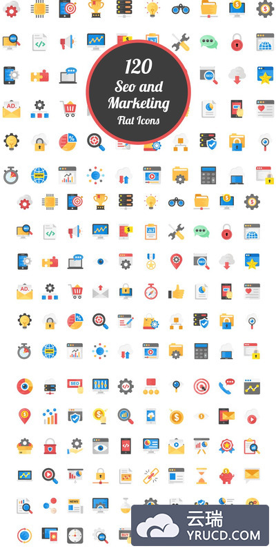 120个关于SEO和市场营销主题的图标 120 Flat Icons on SEO and Marketing