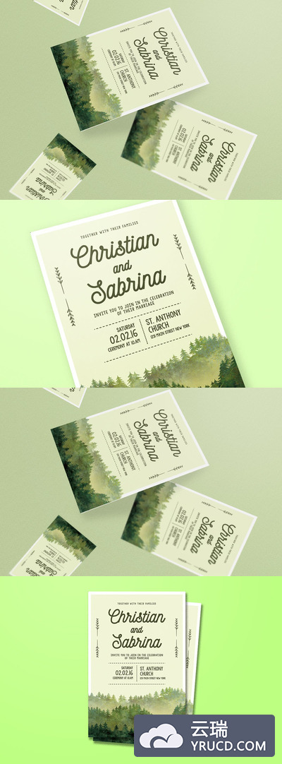 时尚简约优雅多用途的水彩森林婚礼邀请函海报宣传单DM设计模板