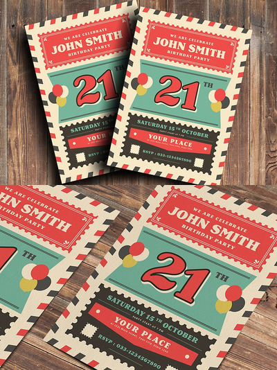 旧复古航空生日聚会海报 Old Retro Airmail Birthday Party