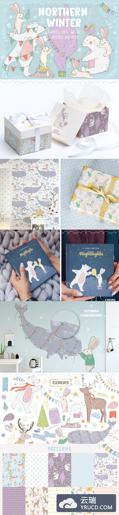 矢量 | 180个北方冬季可爱小动物梦幻笔触主题设计元素合集