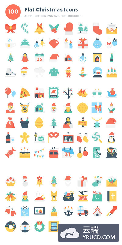 100个扁平化圣诞节图标 100 Flat Christmas Icons