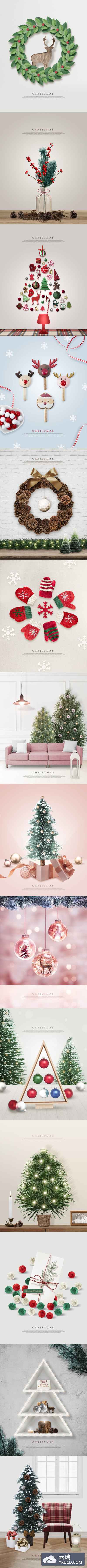PSD | 圣诞节礼物摆放植物挂坠家居圣诞手套海报素材