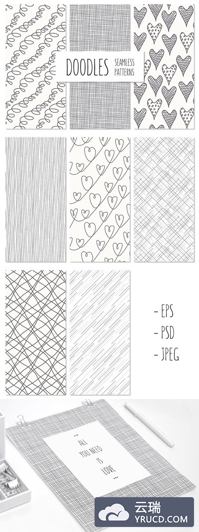 线条手绘无缝背景纹理图案 Doodles. Seamless Patterns Set 1