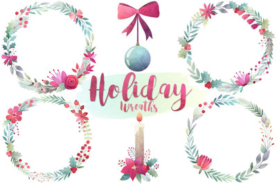 水彩圣诞节花环素材 Watercolor Christmas Wreaths