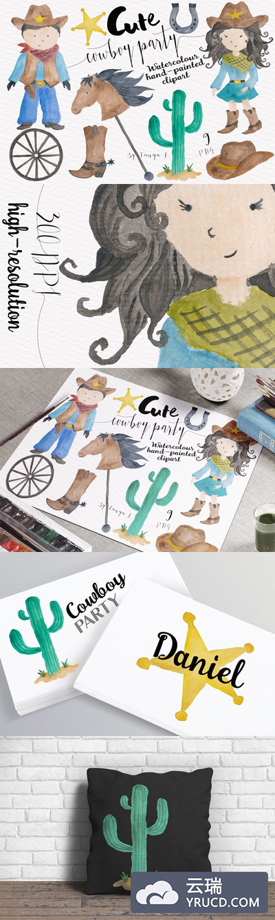 卡通牛仔党水彩画集 Cowboy Party Watercolor Set