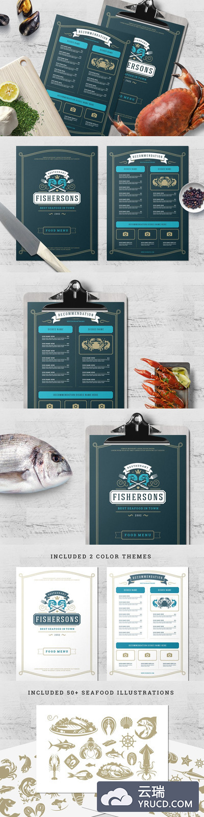 海鲜食物菜单模板和logo Seafood Menu Template and Logo