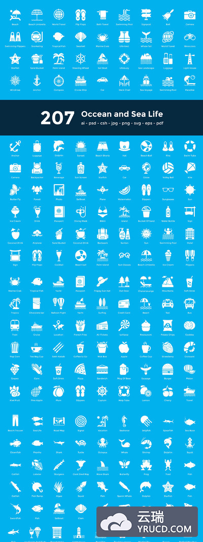 207个海洋和海滩生活图标 207 Occean and Sea Life Icons