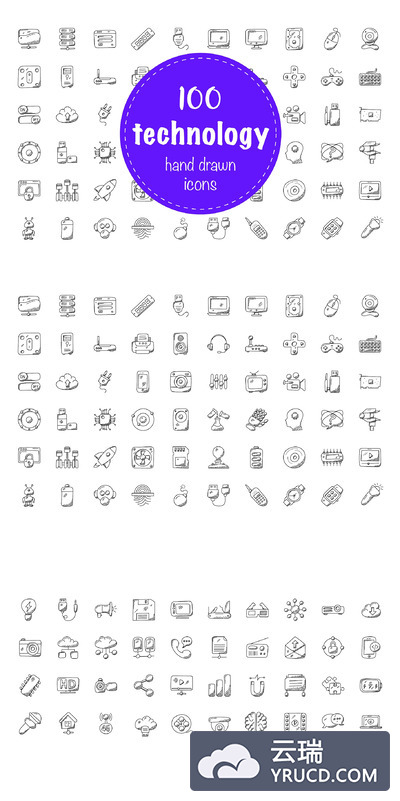 100个技术相关手绘图标 100 Technology Doodle Icons