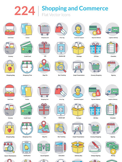 224个购物和商业扁平化图标 224 Shopping and Commerce Flat Icons