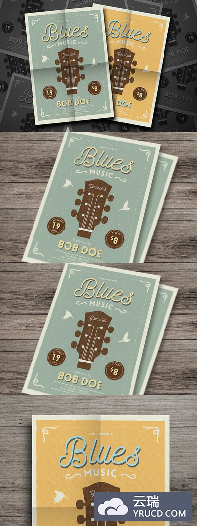 经典的爵士和蓝调海报模板 Vintage Jazz & Blues Guitar Flyer
