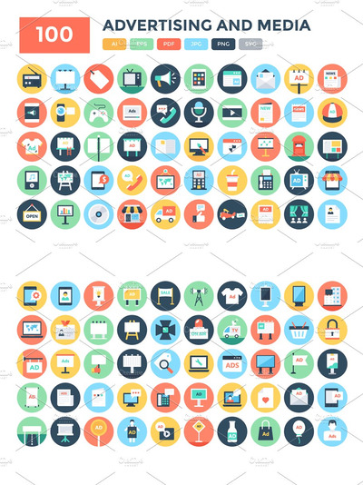 100扁平化广告和媒体图标 100 Flat Advertising and Media Icons