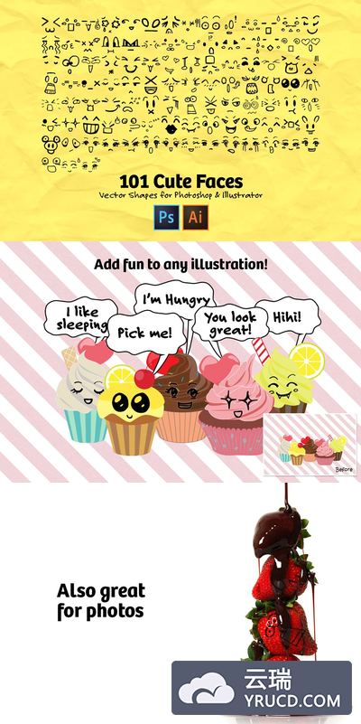 101个手绘可爱脸五官素材 101 Hand Drawn Cute Faces