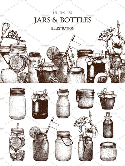 矢量罐子和瓶子插画 Vector Jars & Bottles Illustrations