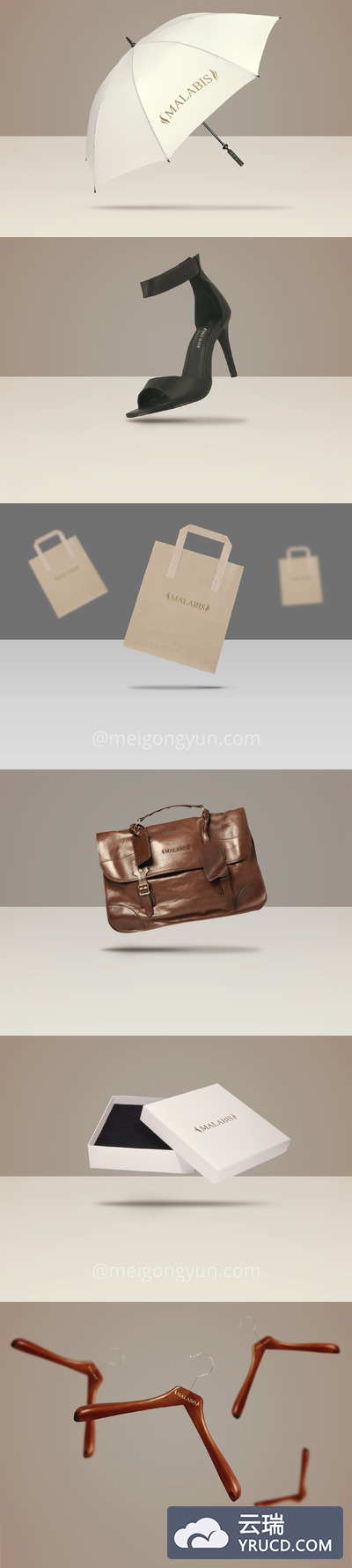 样机 | 零售业标志素材雨伞皮具公文包衣架高跟鞋纸袋包装盒模型