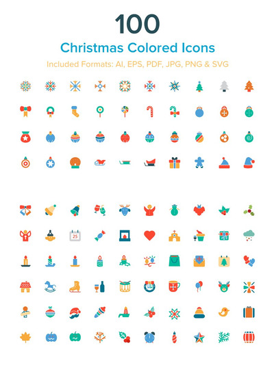 100个圣诞节主题彩色图标 100 Christmas Colored Icons