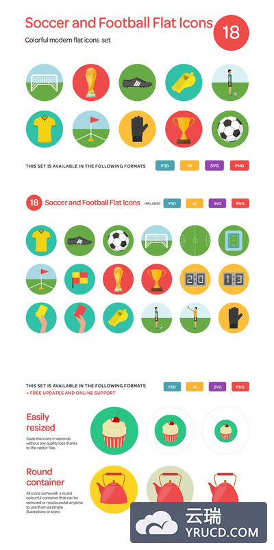 足球相关的扁平化图标 Soccer and Football Flat Icons Set