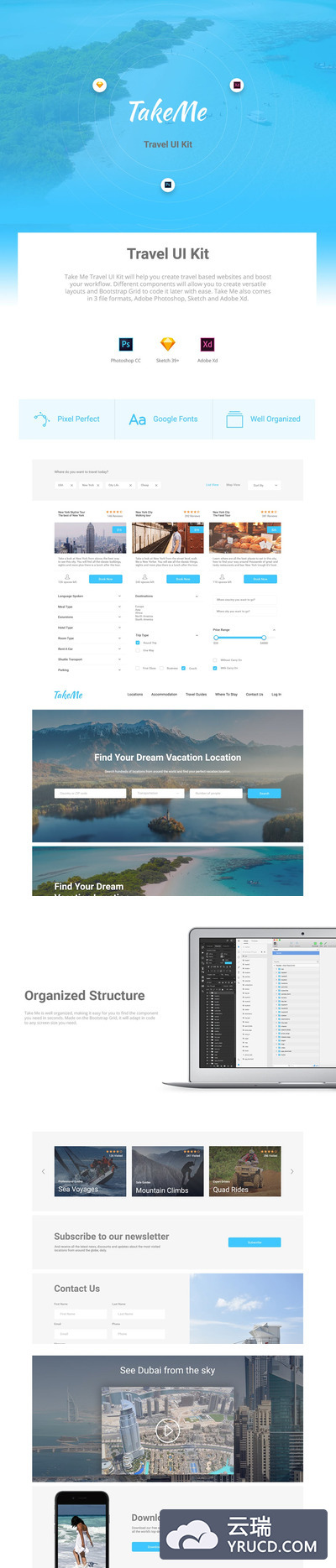 时尚高端简约多格式的旅游旅行网站设计模板UI KITS（PSD，XD，SKETCH）