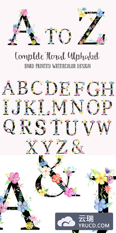 水彩花卉创意字母图形素材 Watercolor Floral Alphabet Black