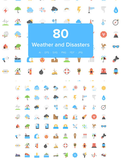 80灾难和天气扁平化图标 80 Disaster and Weather Flat Icons