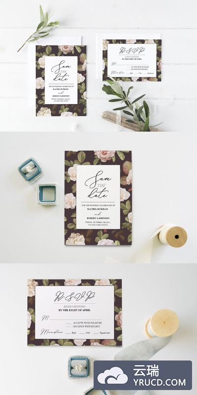 玫瑰花美容相关的卡片邀请函设计模板 Rosie save the date & RSVP cards