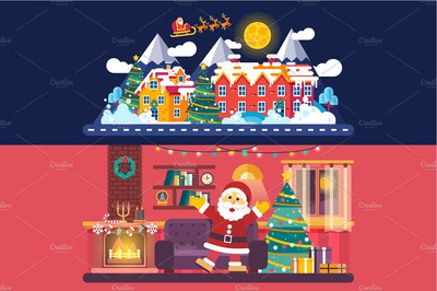 扁平化的圣诞节素材 Flat Christmas Village Landscape
