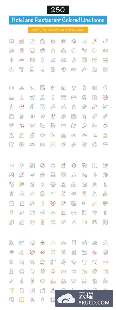 250个酒店相关图标 250 Hotel Colored Line Icons