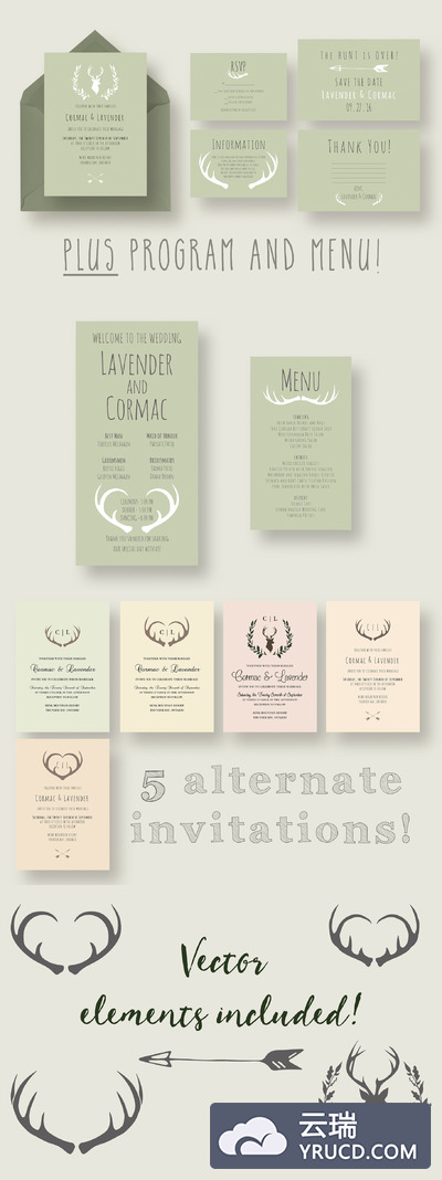 纯真的婚礼平面物料套装 Rustic Hunter Wedding Suite