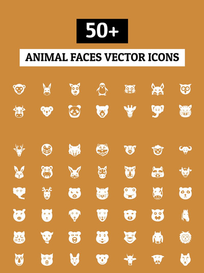 50+动物面部矢量图标 50+ Animal Faces Vector Icons