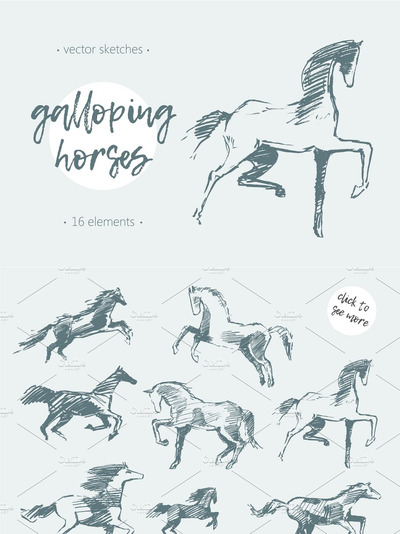 手绘马插画 Set of hand drawn horses