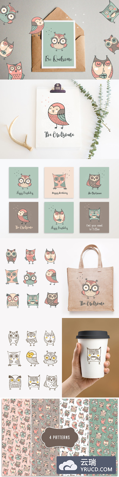 逗人喜爱的卡通手绘猫头鹰插画素材 Cute hand drawn owl illustrations